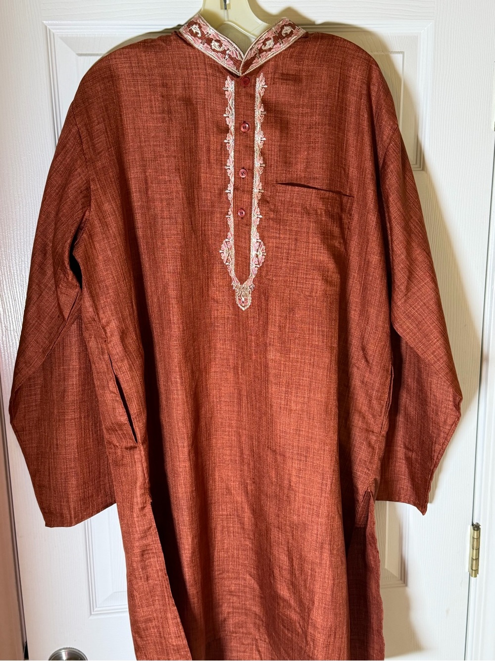 Men's Handmade Traditional Kurta in Rust with Embroidered Collar